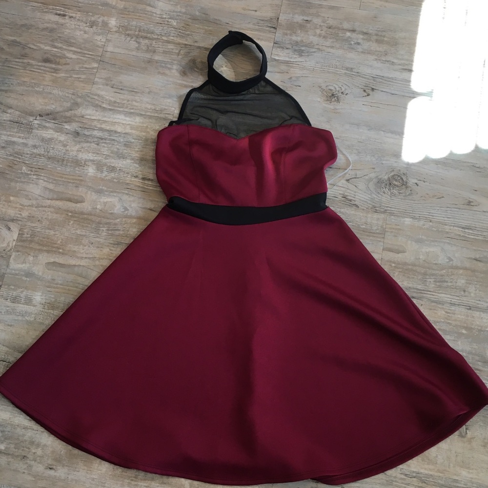 ModCloth high neck mesh and burgundy swing dress
